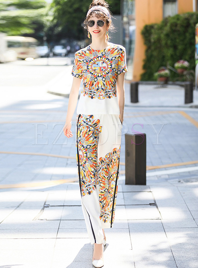 Stylish Printing Short Sleeve Two-piece Outfits