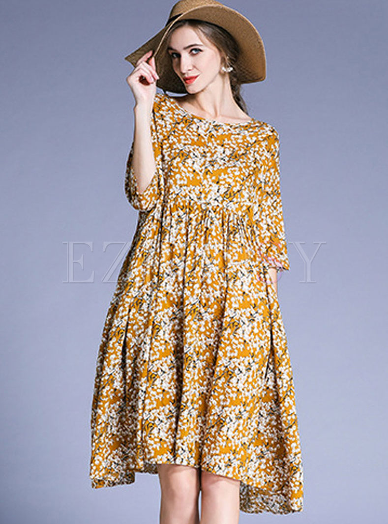 Yellow Floral Print Cotton Plus Size Shift Dress