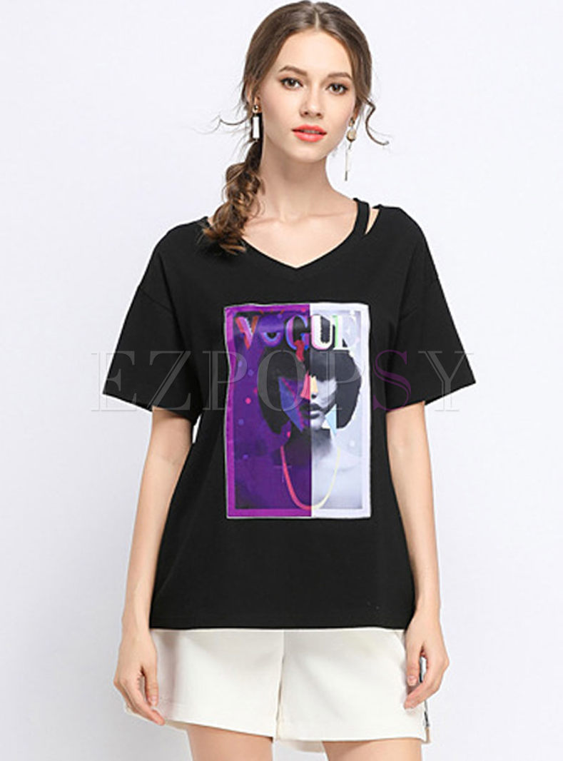 Fahion Black Print V-neck Plus Size T-shirt