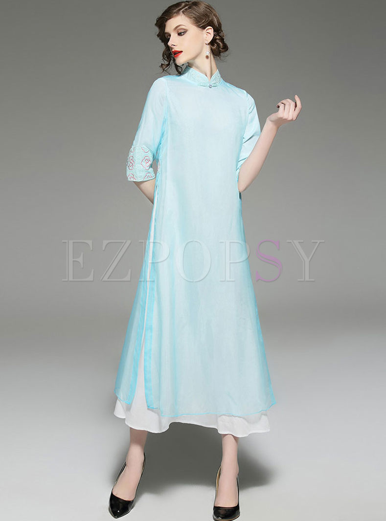 Light Blue Elegant Embroidered Long Shift Dress With Underskirt
