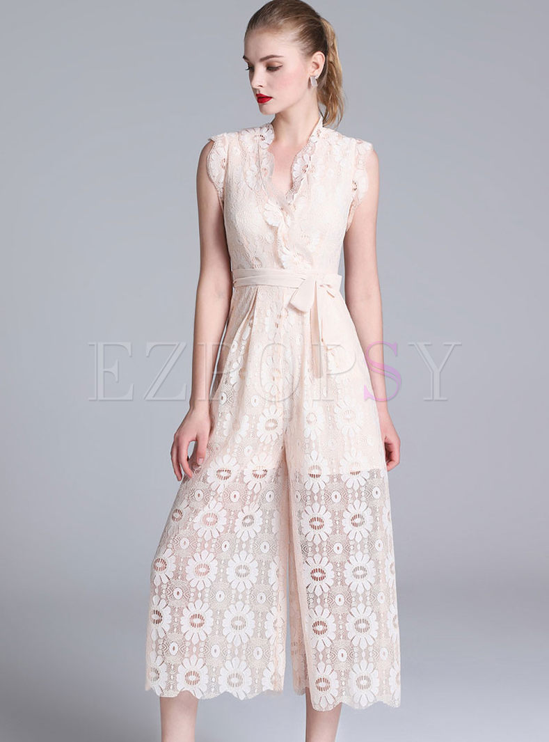 Fashion Apricot Lace Hollow Out Belted Elegant Jumpsuit