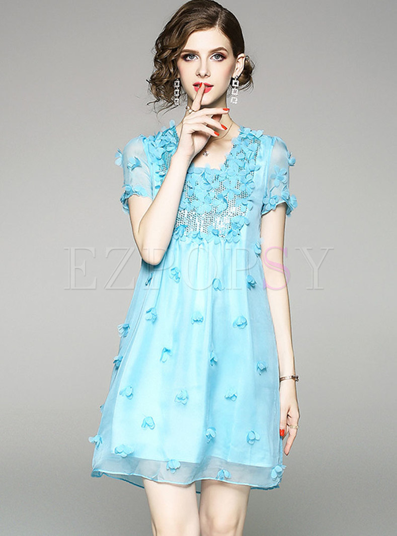 Blue Nail Bead Sequin Chiffon Dress