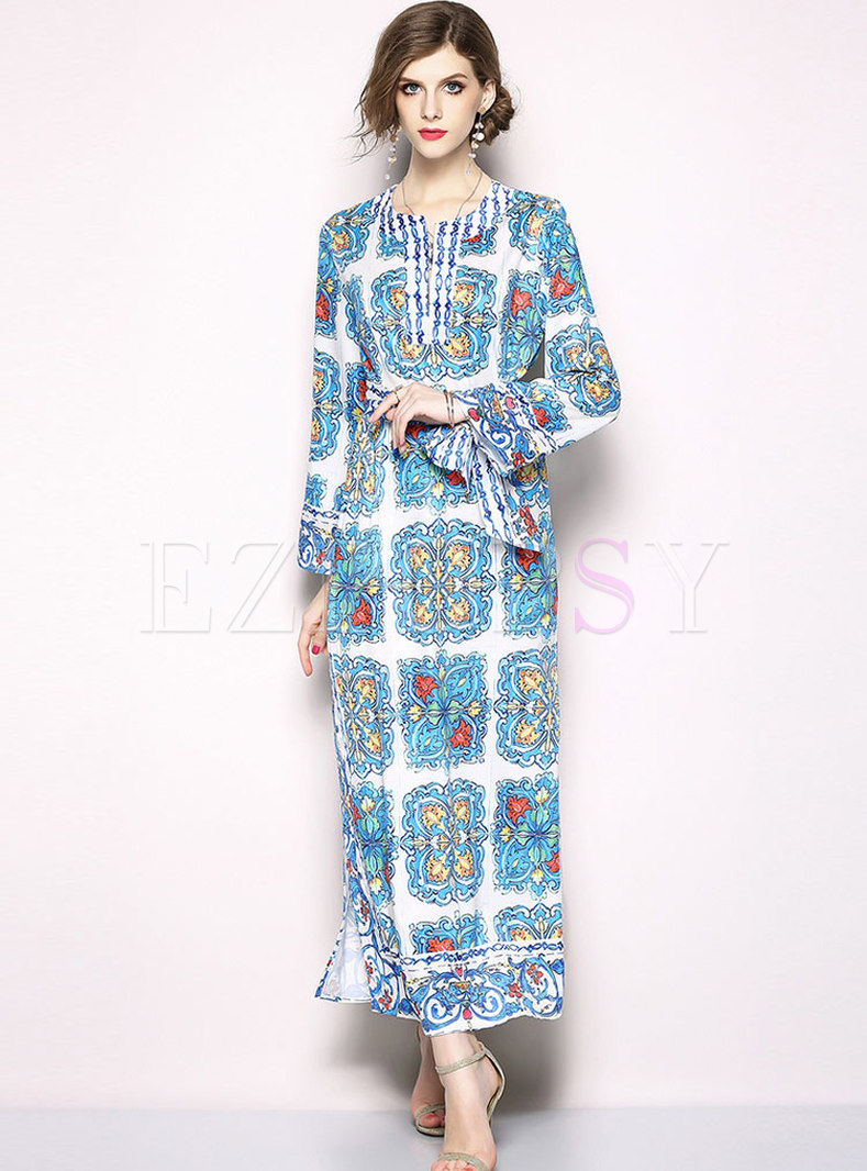 Ethnic Flare Sleeve Slit Maxi Dress