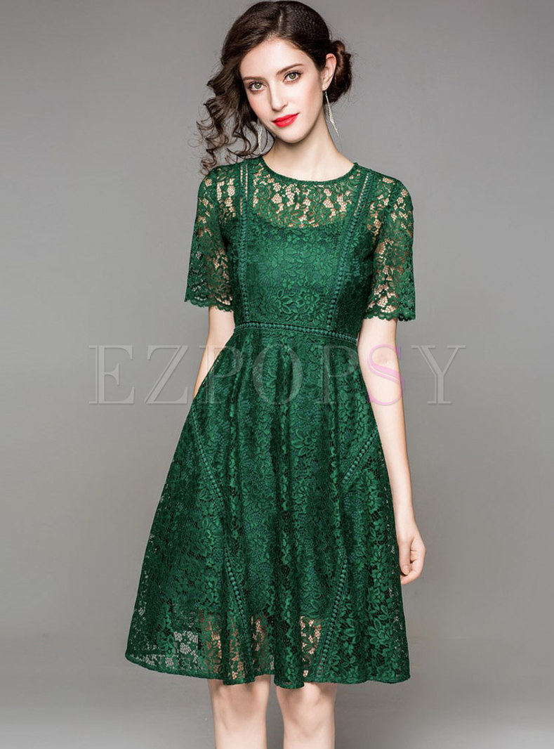 Green Hollow Out Waist A Line Dress