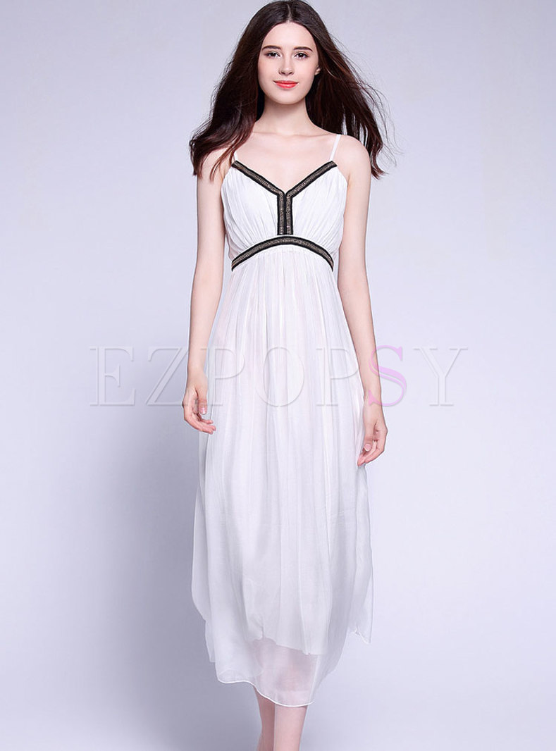 White V-neck Sleeveless Silk Slip Dress