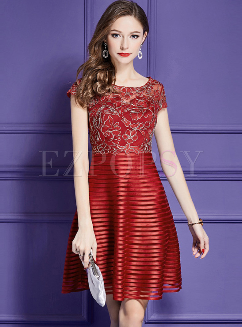 Red Party Embroidery A Line Dress