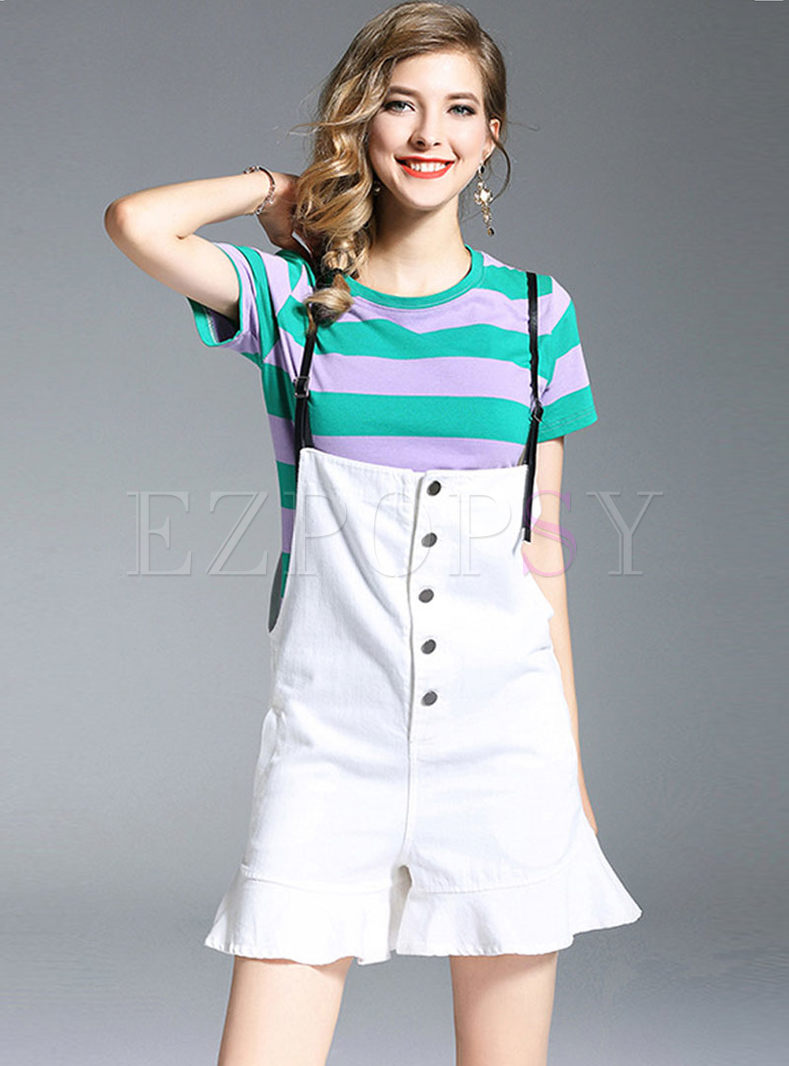 Casual Striped Cotton T-shirt & White Falbala Single-breasted Overalls