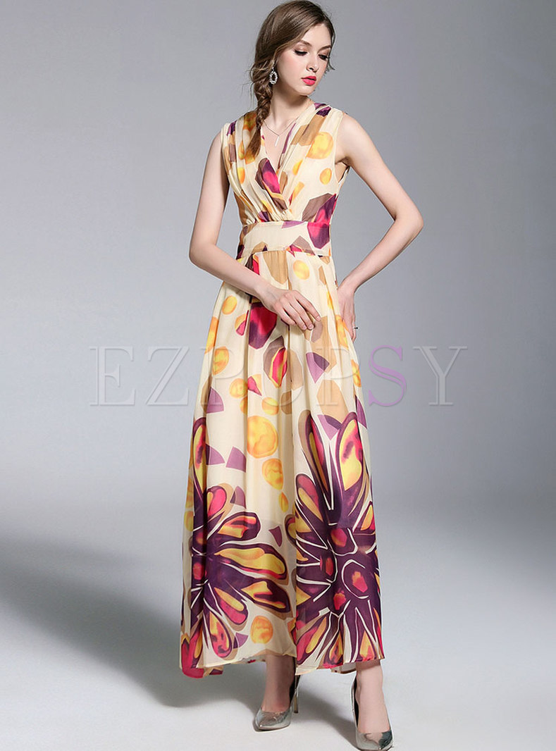 Floral Print Sleeveless Chiffon Maxi Dress