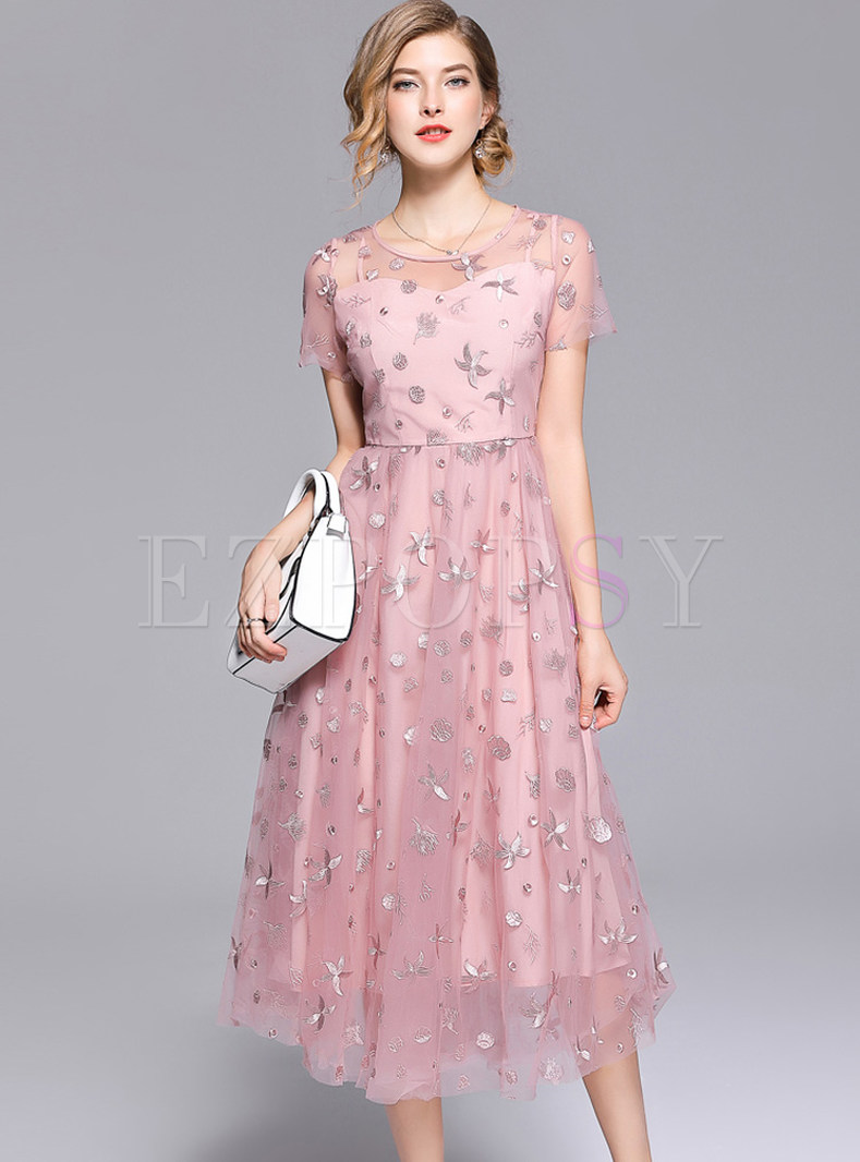 Dresses | Maxi Dresses | Pink Star Embroidery Mesh Maxi Dress