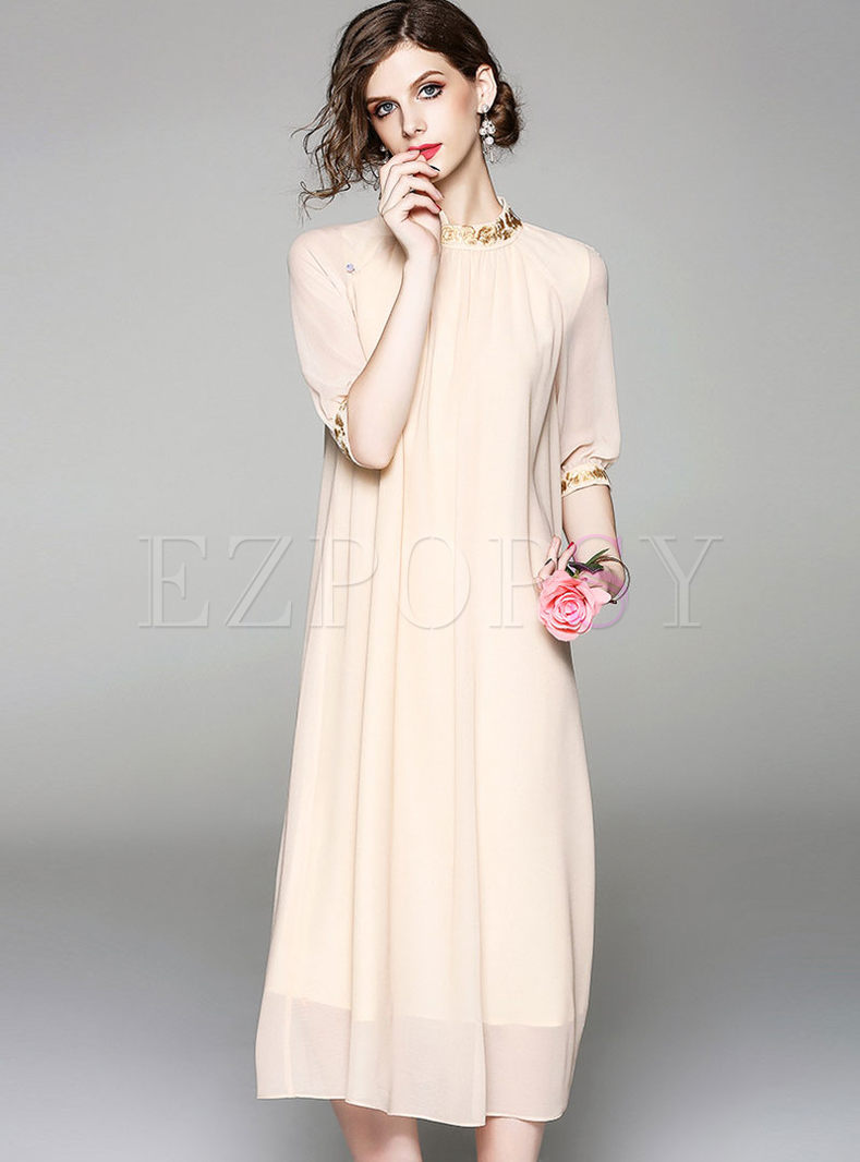 Dresses | Shift Dresses | Apricot Solid Color Embroidered Stand Collar ...