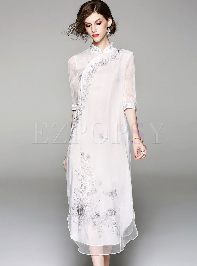 White Retro Slopping Stand Collar Double-layered Maxi Dress