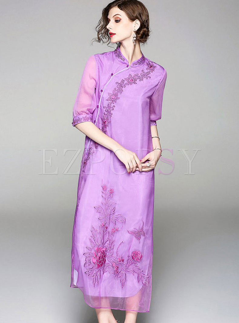 Purple Retro Slopping Stand Collar Double-layered Maxi Dress