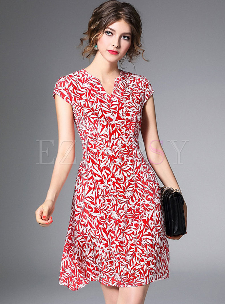 Red Fashion Leaf Print A Line Dress