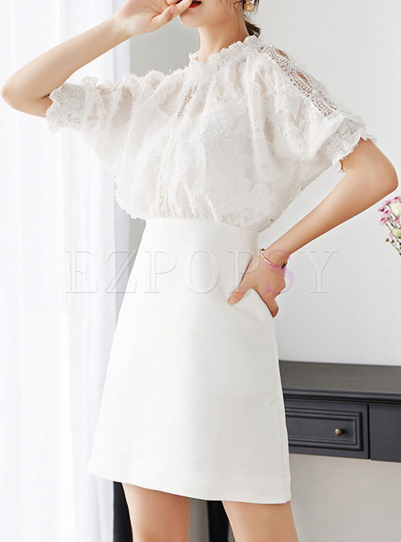 White Batwing Sleeve Hollow Out False Two-piece Dress
