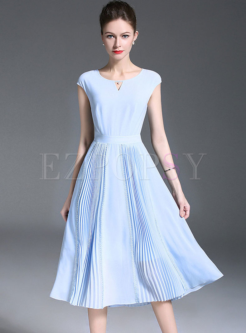 Light Blue Chiffon Waist Pleated Dress