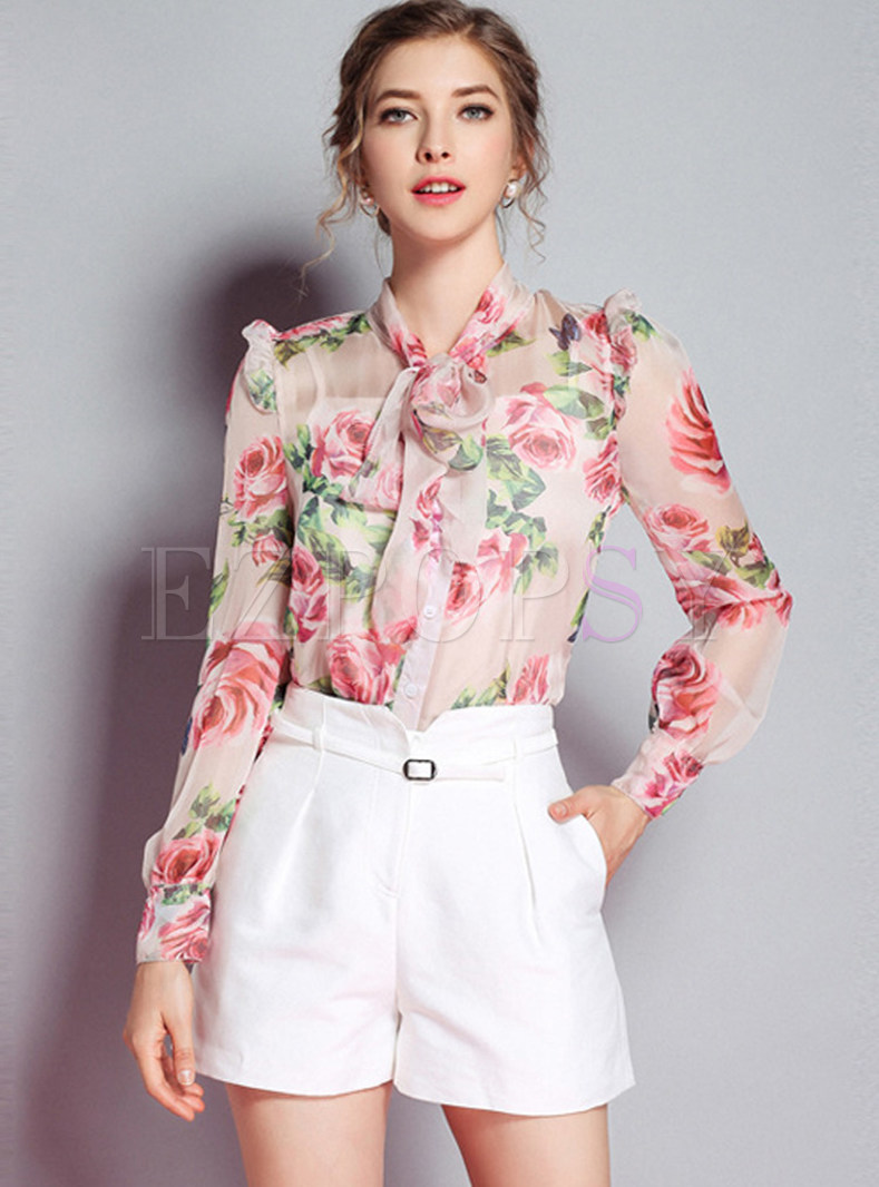 Tops | Blouses | Rose Print Tie-Collar Blouse With Tanks