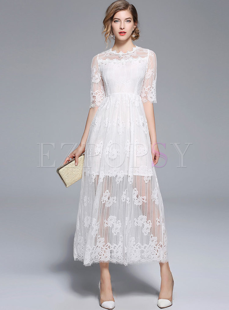 White Elegant Stereoscopic Embroidery Maxi Dress