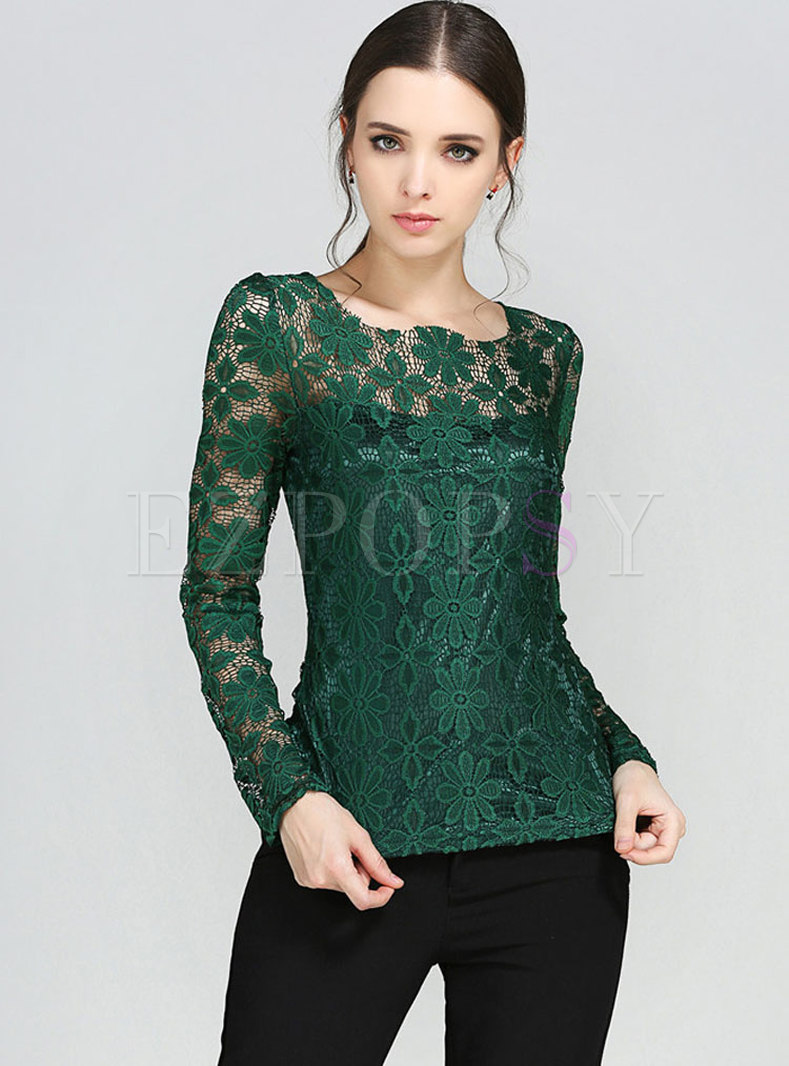 Hollow Out Embroidery Long Sleeve Top