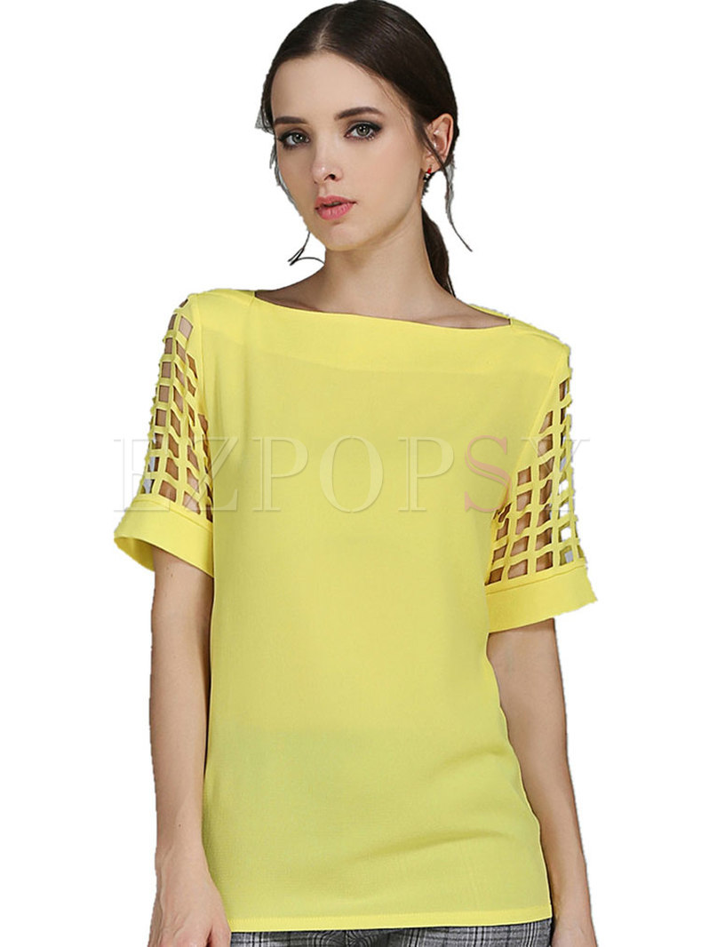 Yellow Hollow Out Short Sleeve Top