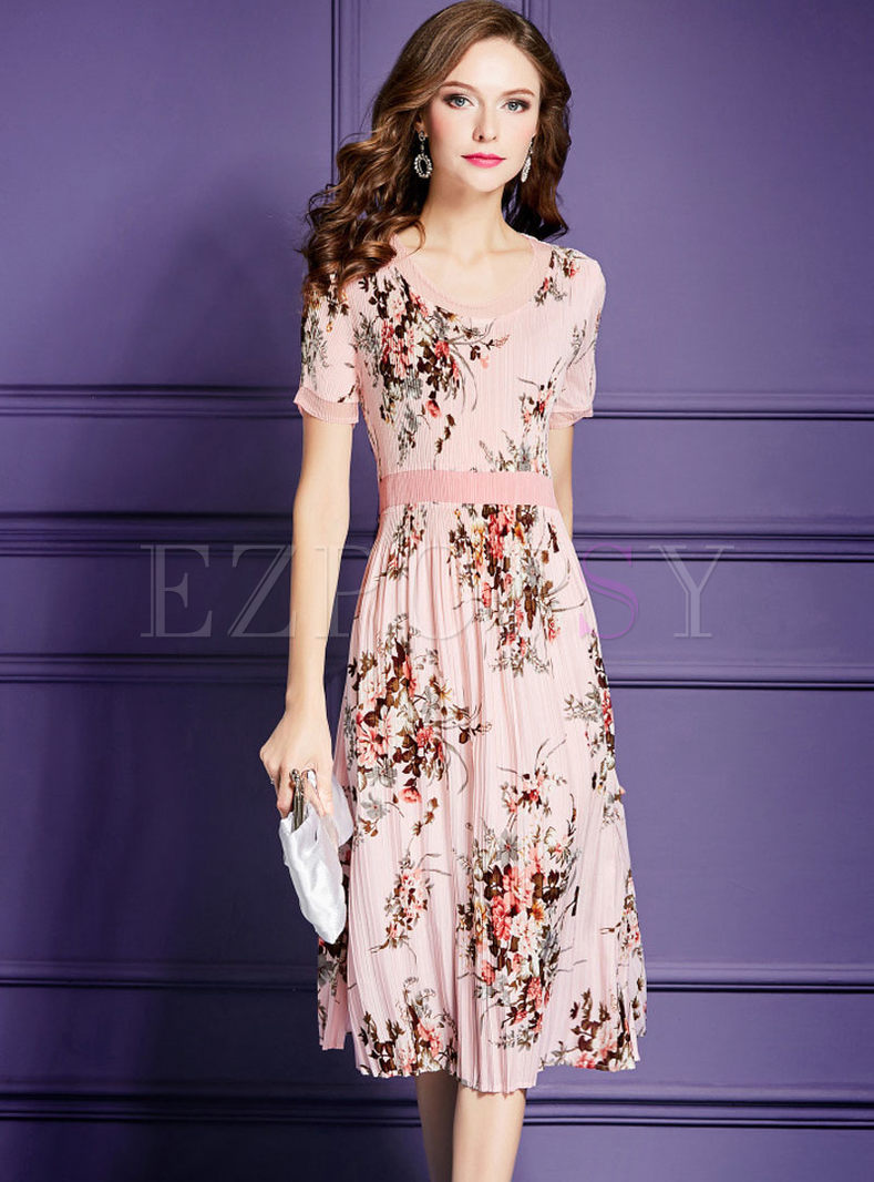 Dresses | Skater Dresses | Pink Elegant Waist Flower Print High Waist Dress