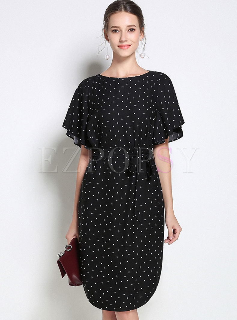 Black Street Elegant Dot Print Waist Dress