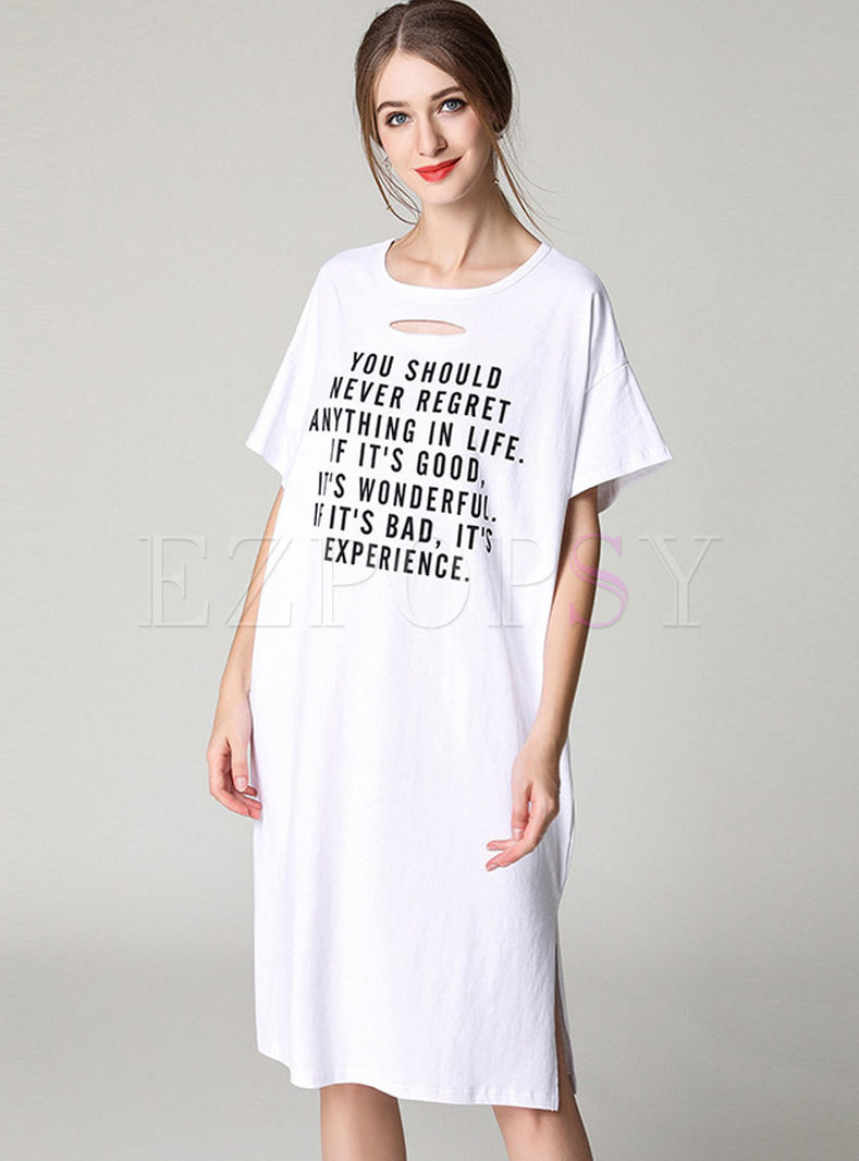 White Letter Print Loose Cotton T-shirt Dress