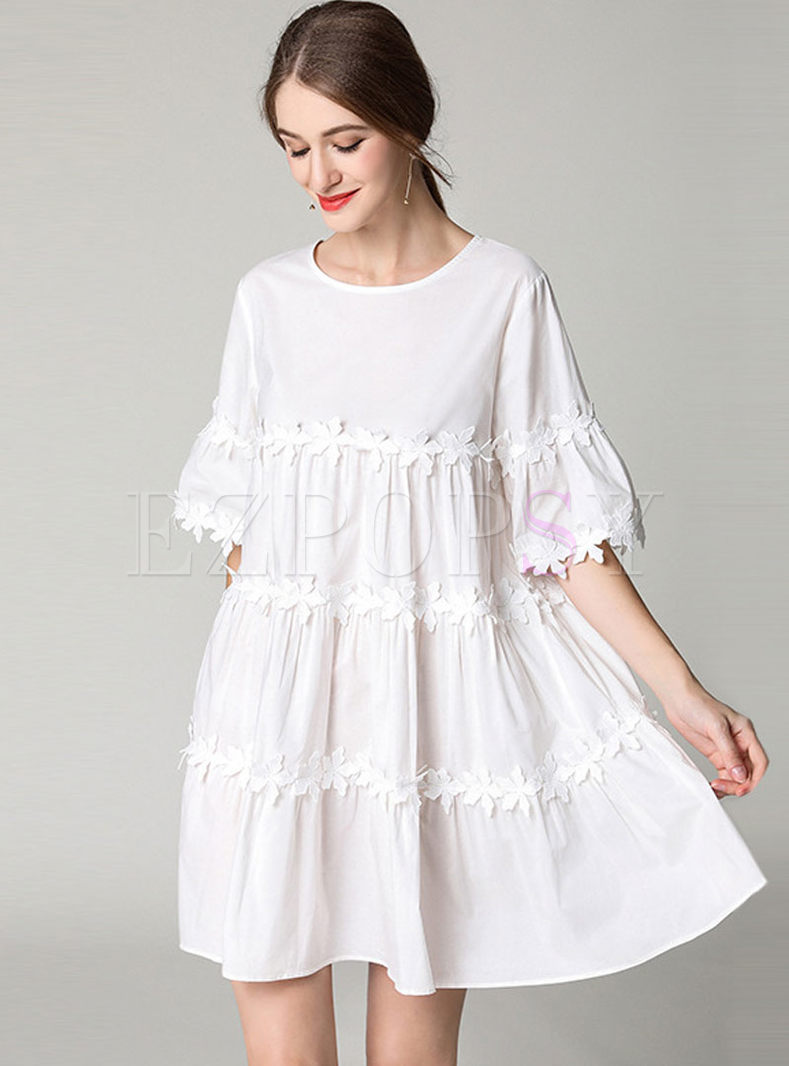 White Lace Stitching Loose Babydoll Dress