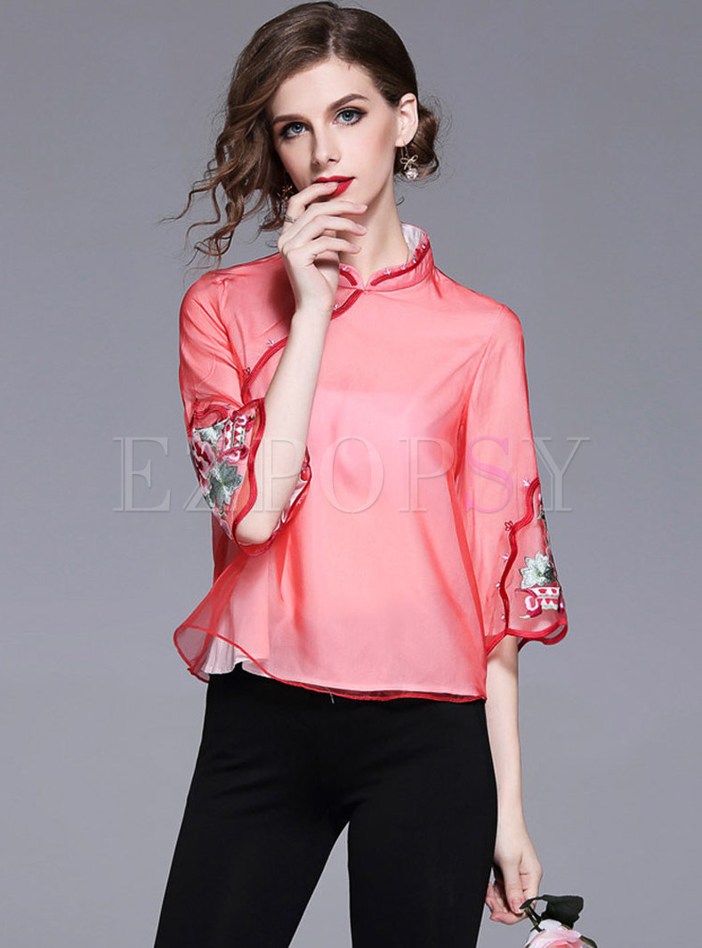 Red Stand Collar Embroidery Top
