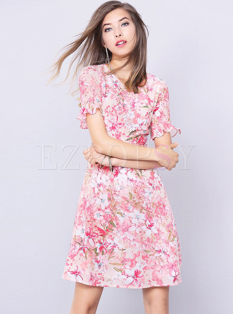 Pink Silk Flower Print A Line Dress
