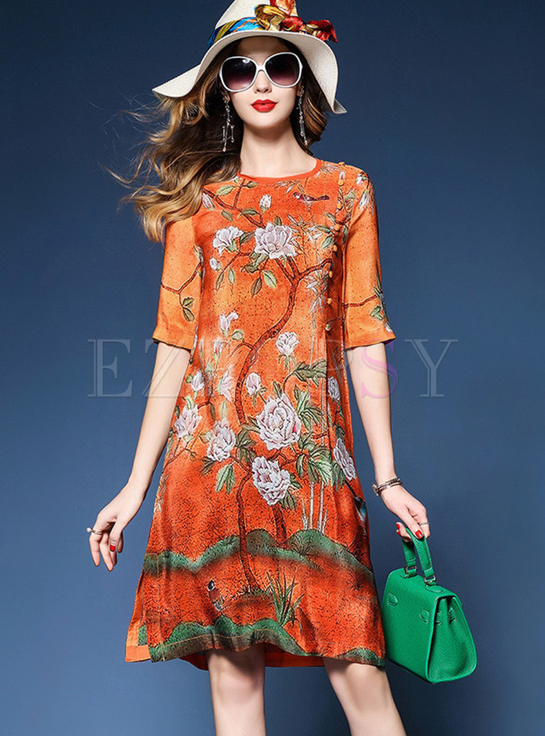 Dresses | Shift Dresses | Orange Elegant Flower Print Split Silk Dress