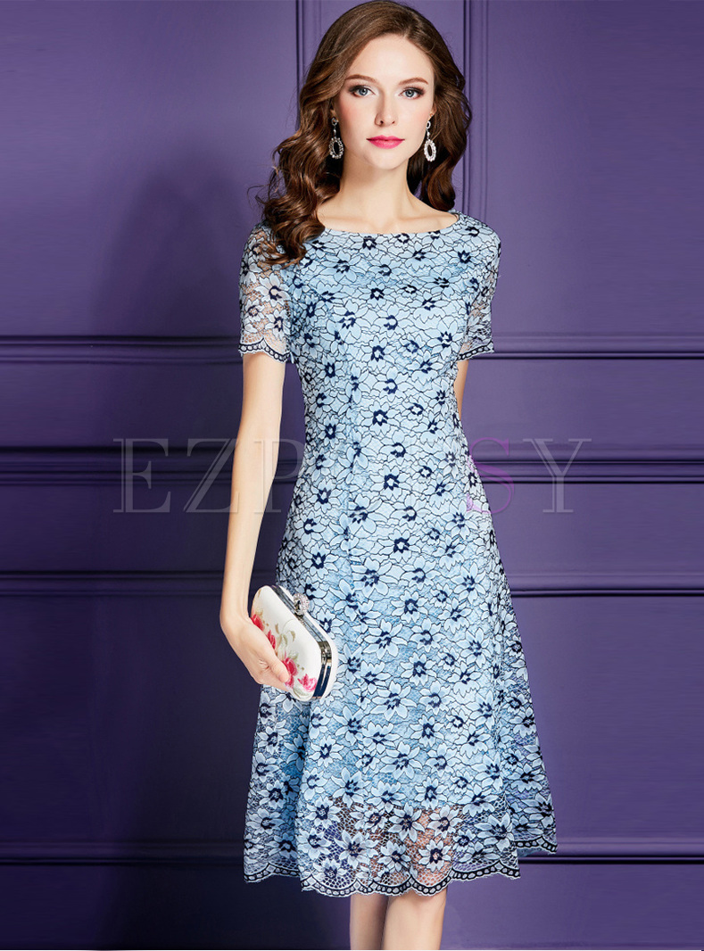 Blue Mesh Waist Splicing Lace Dress