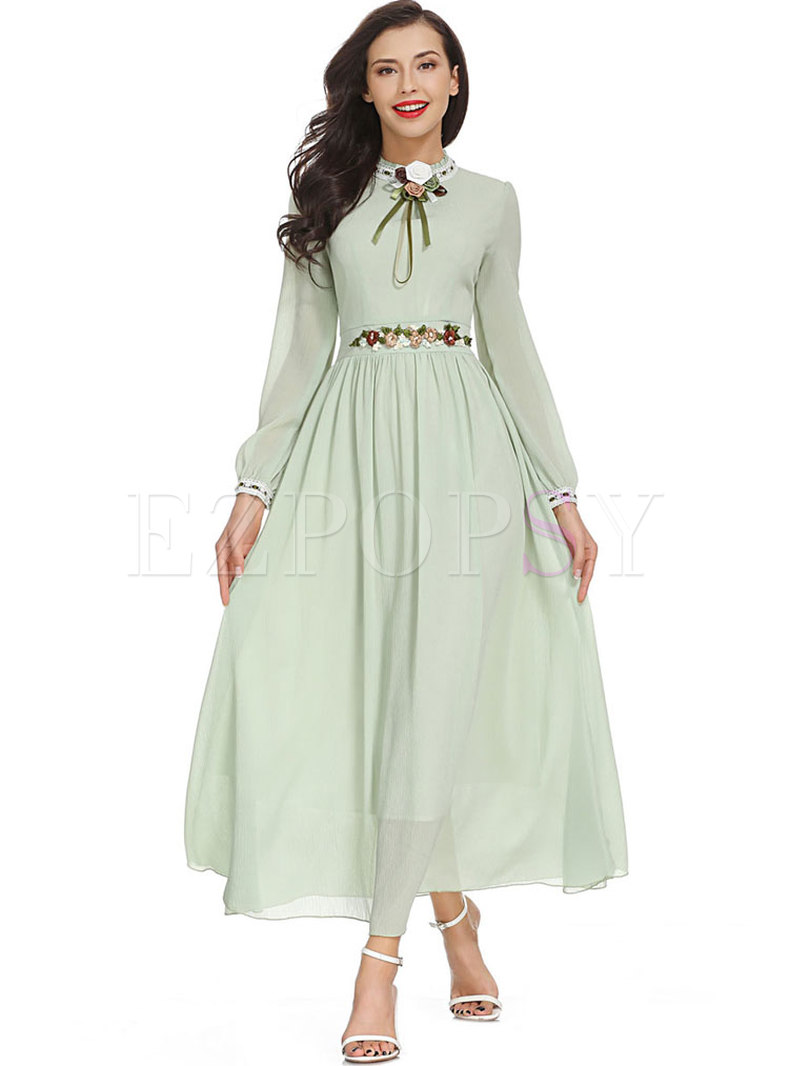 Dresses | Maxi Dresses | Light Green Stereoscopic Flower Chiffon Maxi Dress