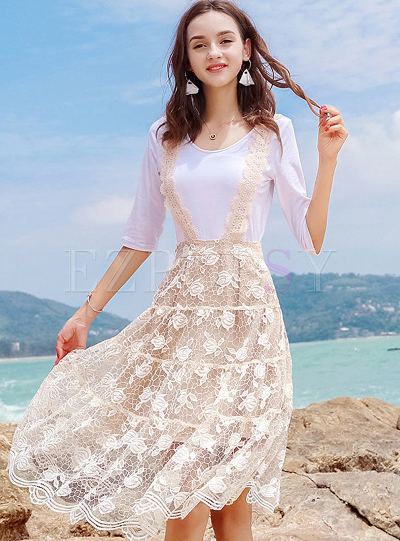 White Round Neck T-shirt & Apricot Sweet Lace Slip Dress