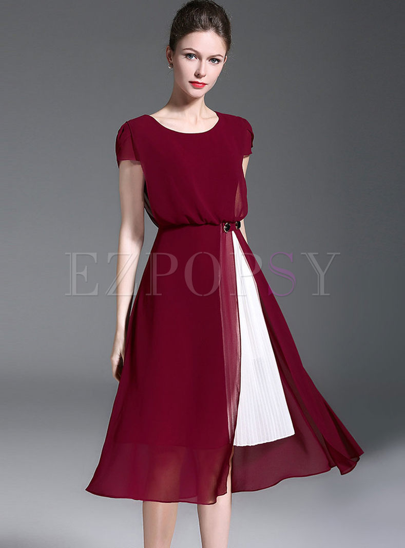Wine Red Hit Color Stitching Chiffon Split Dress