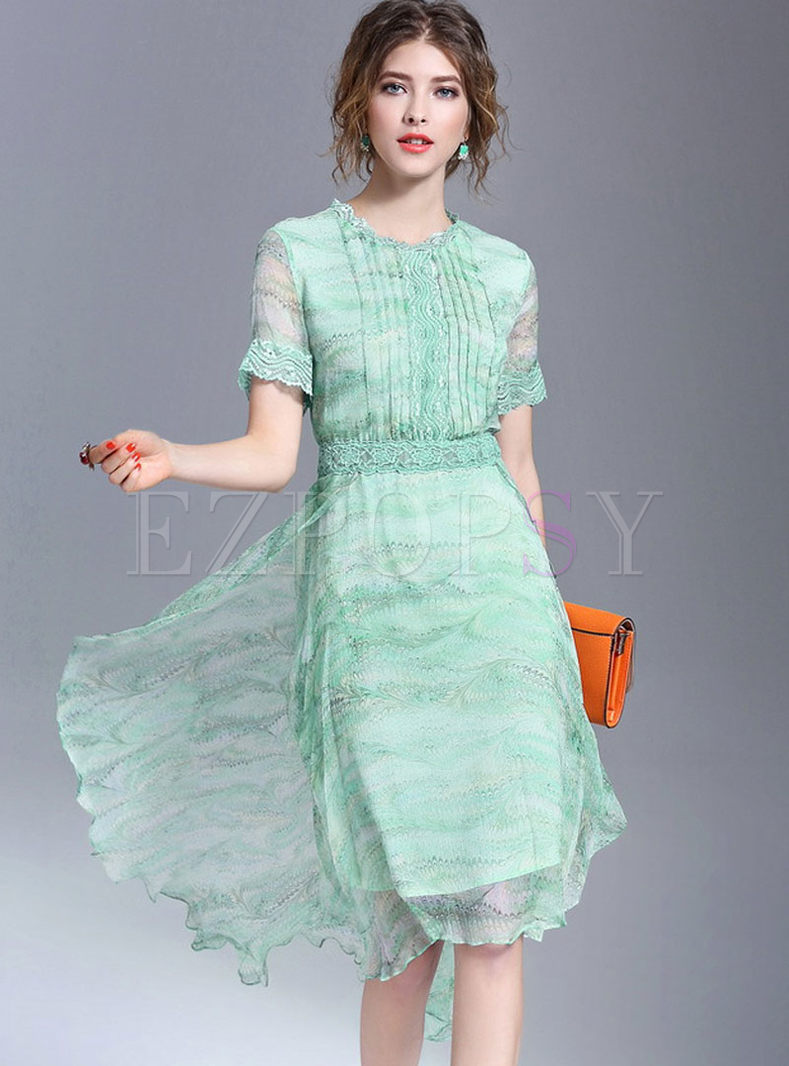 Dresses | Skater Dresses | Green Trendy Silk Asymmetric Waist Skater Dress
