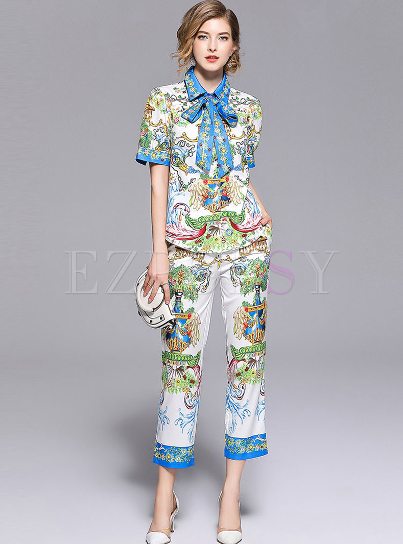 Print Bowknot Short Sleeve Cropped Pant Suits
