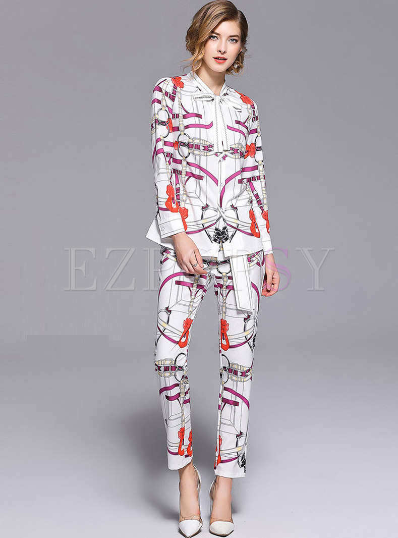 Bowknot Pattern Print Slim Two-piece Outfits