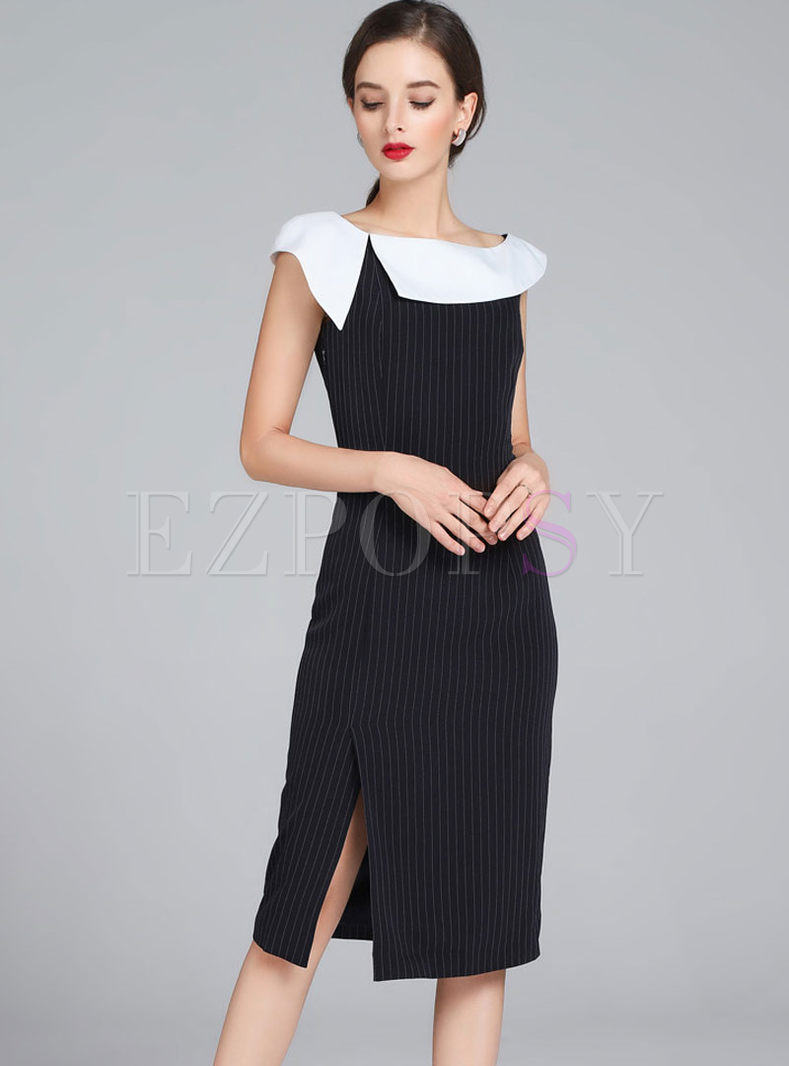 Trendy Split Sleeveless Striped Split Bodycon Dress