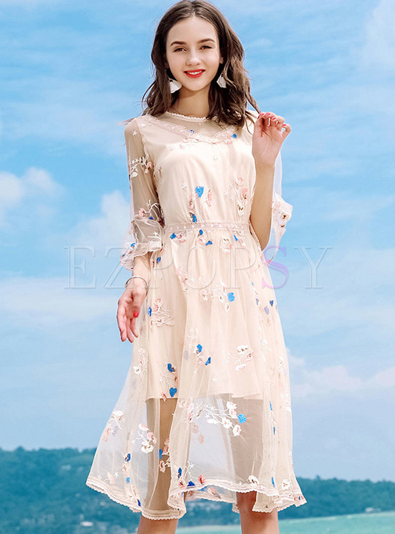 Sweet Apricot Embroidery Gauze Skater Dress With Underskirt