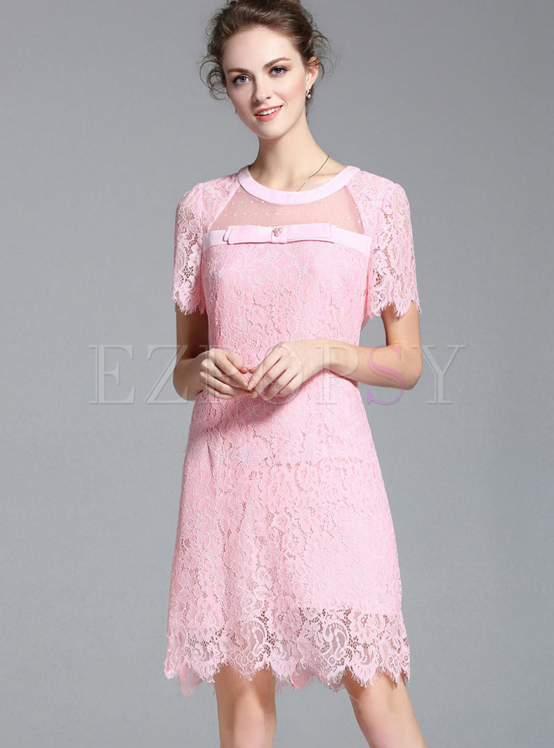 Dresses | Skater Dresses | Pink Elegant Lace See Through Skater Dress