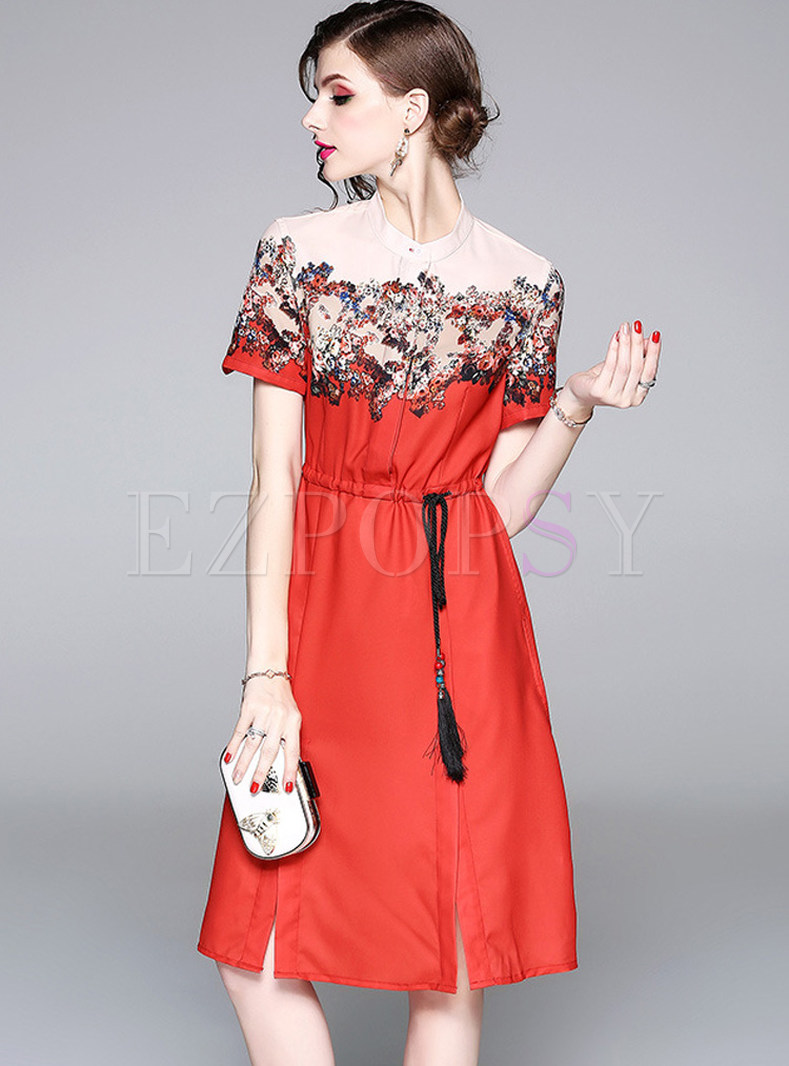 Red Floral Print Slit A Line Dress