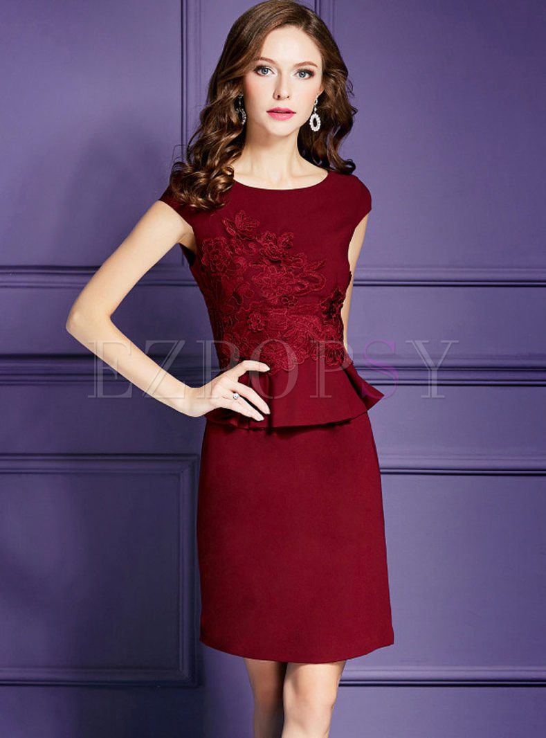 Wine Red Short Sleeve Embroidery Flouncing Sheath Dress
