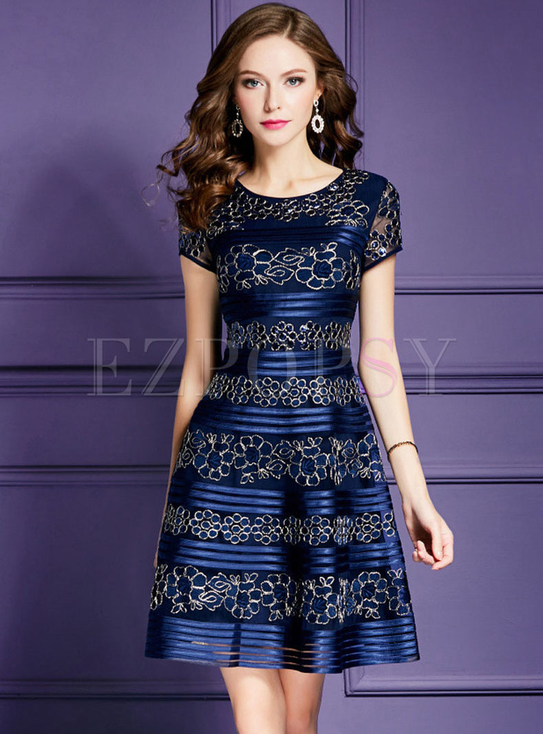 Deep Blue Elegant Spangle Embroidery Party Dress