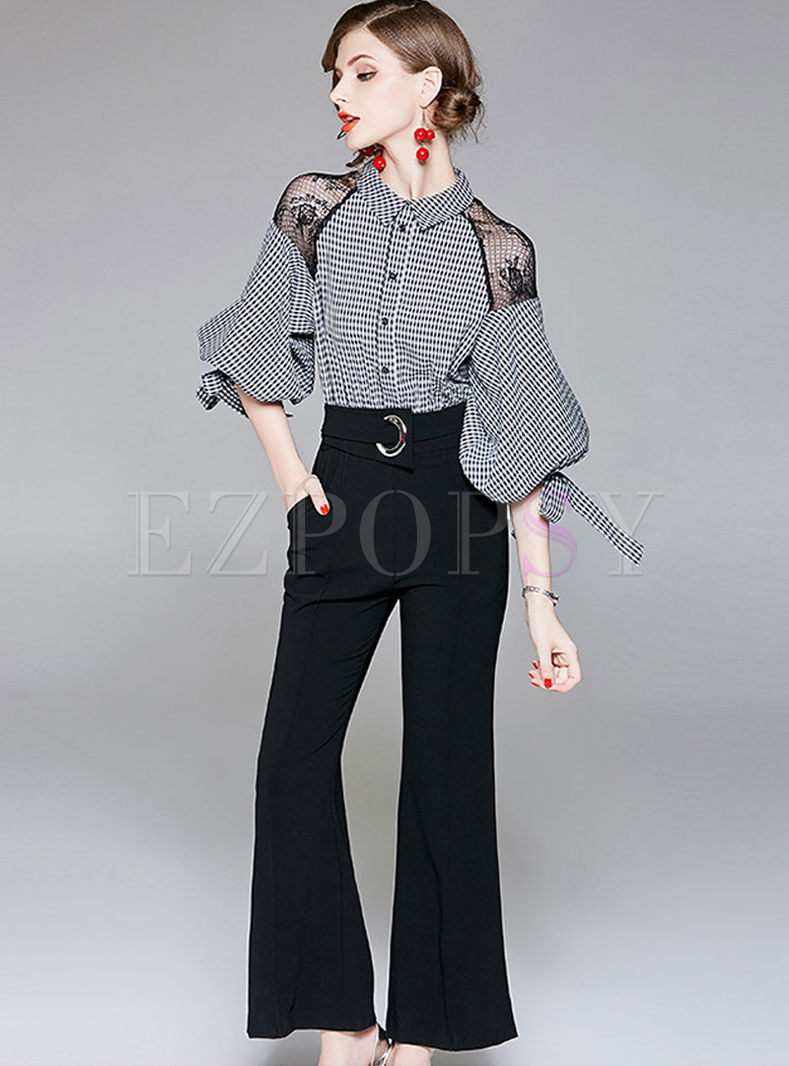 Fashion Checkered Puff Sleeve Flare Jumpsuit