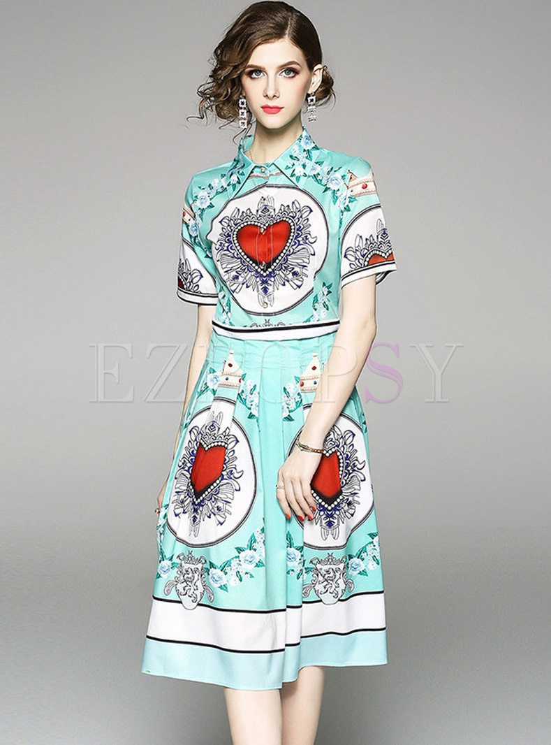 Retro Printed Lapel Pleated Dress
