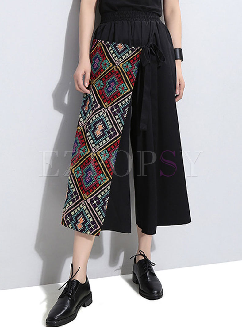 Ethnic Embroidery Plus Size Wide Leg Pants