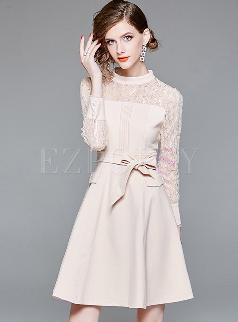 Hollow Out Lace Belted Slim Dress