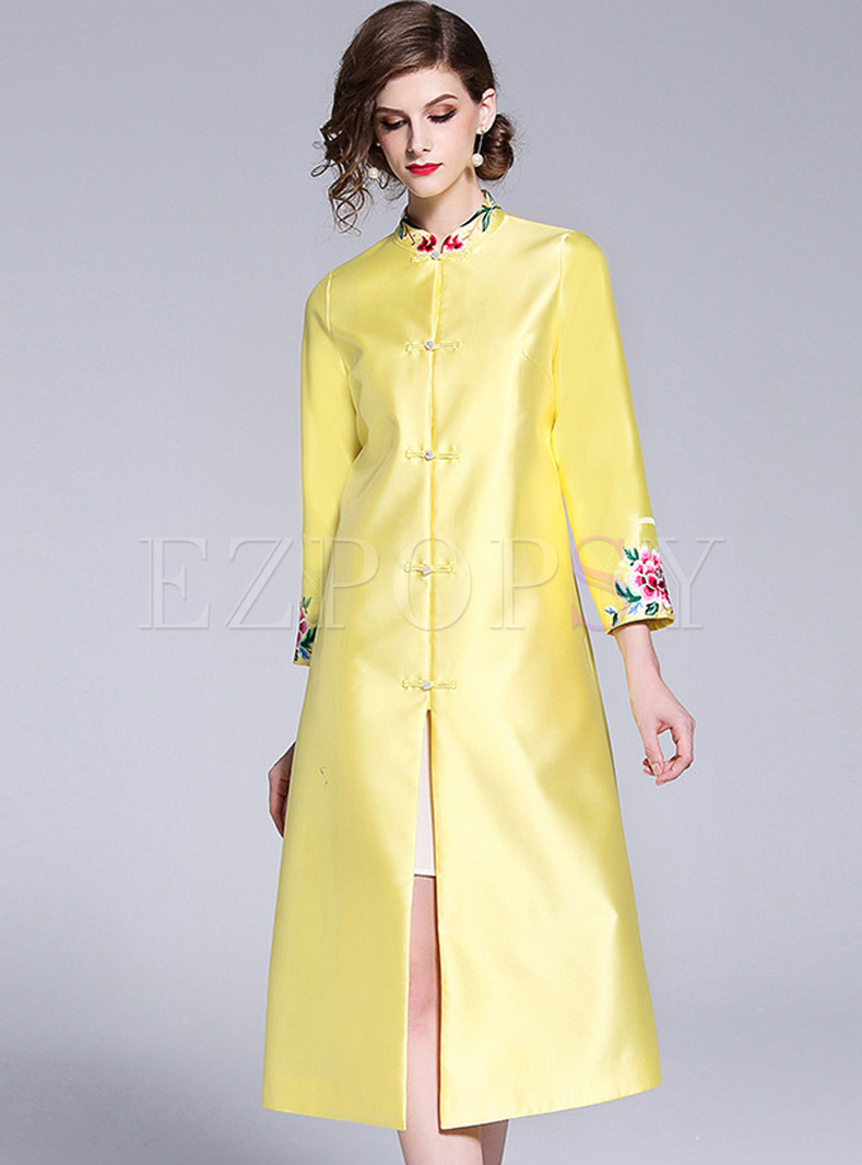 Yellow Pocket Embroidered Shift Dress