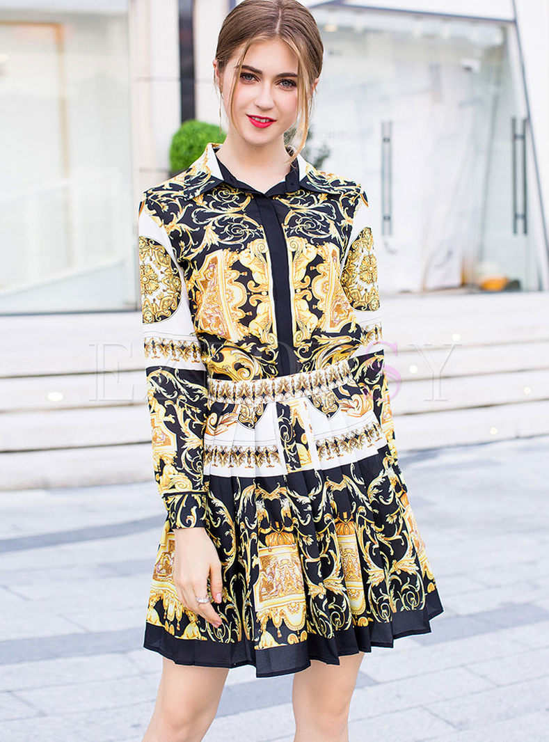 Fashion Lapel Print Blouse & Trendy Pleated Skirt