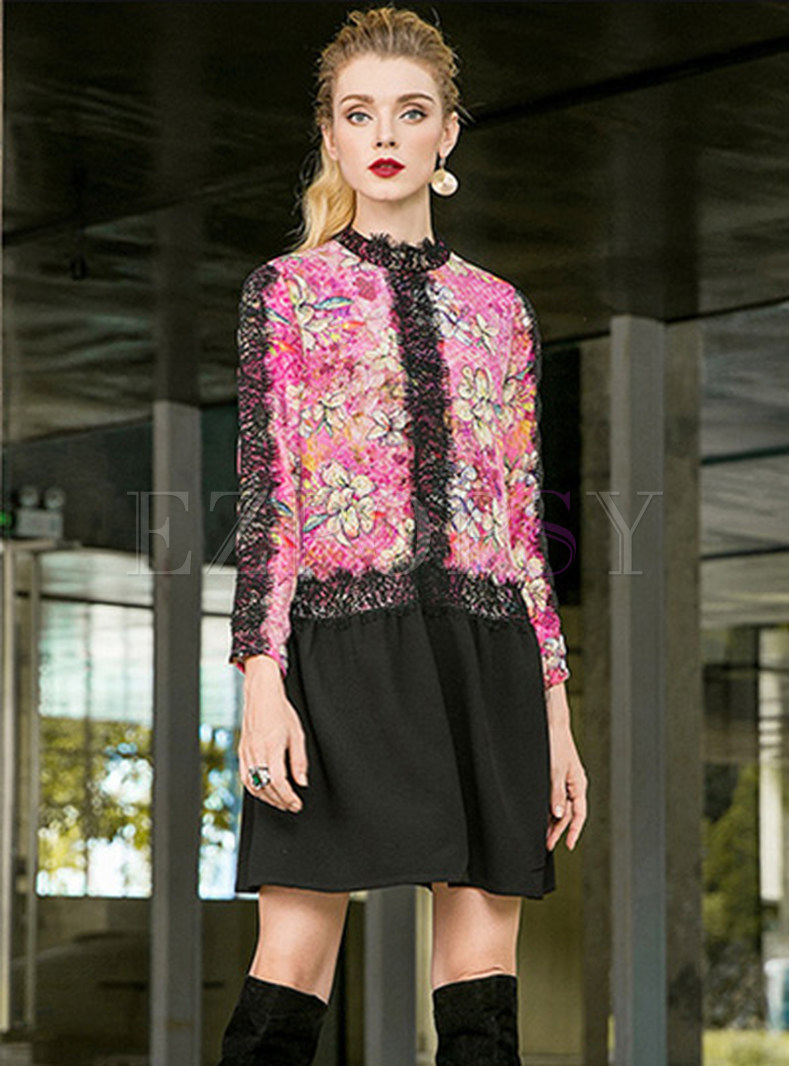 Elegant Lace-Paneled Print Mini Dress